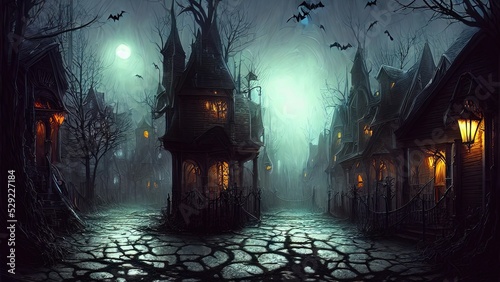 Dark scary street with ancient houses and lanterns  Halloween background. Foggy night. Darkness  fear  neon. Pumpkins. 3D illustration.