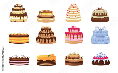 Wedding cakes. Cartoon sweet celebration dessert, colorful various pastry and bakery with cream glaze fruits and biscuits. Vector party cake isolated set