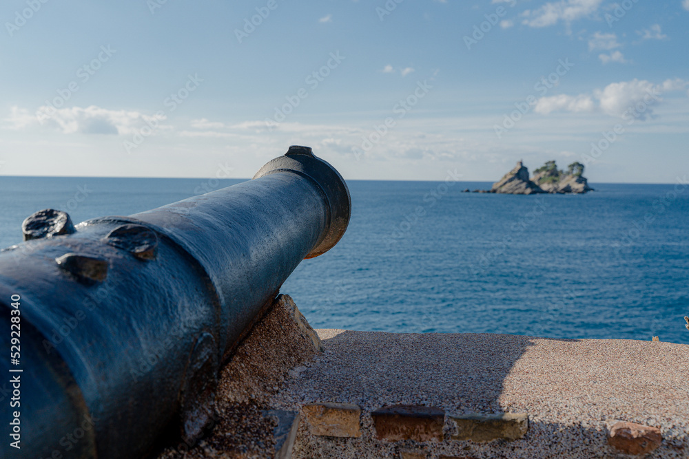 A gun. Ancient cannon pointing at the sea.