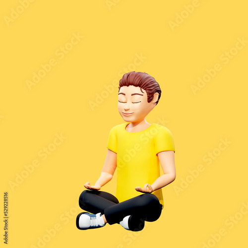 Raster illustration of man meditating. Young guy in a yellow tshirt sits in the lotus position, cleanses the chakras, selfhypnosis, pump your brain, rest, relaxation. 3d render artwork for business photo