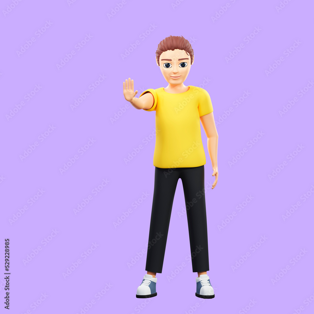 Raster illustration of man stops. Young guy in a yellow tshirt stands exactly and shows a stop sign with his hand, the passage is prohibited, carefully, danger. 3d rendering artwork for business