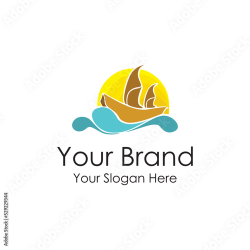 boat transportation fisherman on sunset sea waves logo