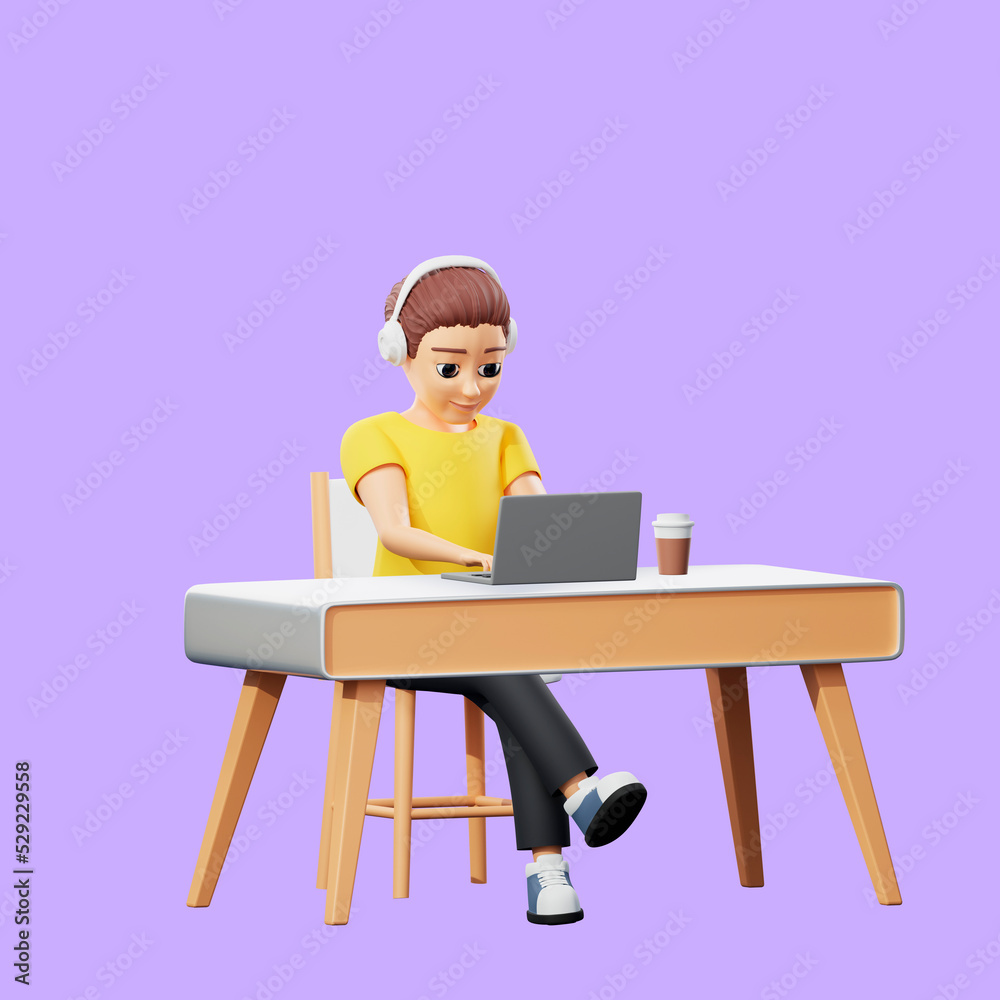 Raster illustration of man working at the desk in the office. A young guy in a yellow tshirt sits on a chair in headphones with a phone and drinks a hot drink in a cardboard cup. 3d rendering artwork Raster illustration of man working at the desk in the office. A young guy in a yellow tshirt sits on a chair in headphones with a phone and drinks a hot drink in a cardboard cup. 3d rendering artwork