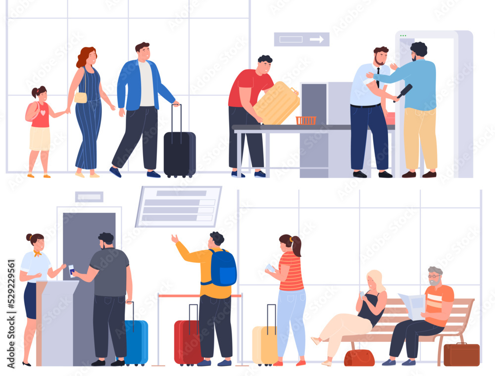 People in the airport terminal are checking in for the plane. Waiting area, baggage reception, document check. Vector illustration People in the airport terminal are checking in for the plane. Waiting area, baggage reception, document check. Vector illustration
