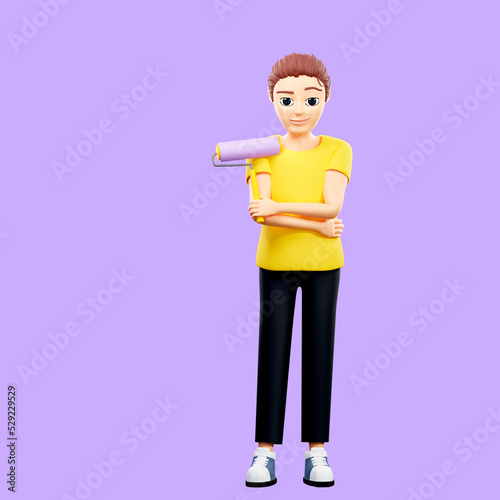 Raster illustration of man holding a roller. Young guy in a yellow tshirt going to paint walls, paint, artist, web design, construction. 3d rendering artwork for business and advertising