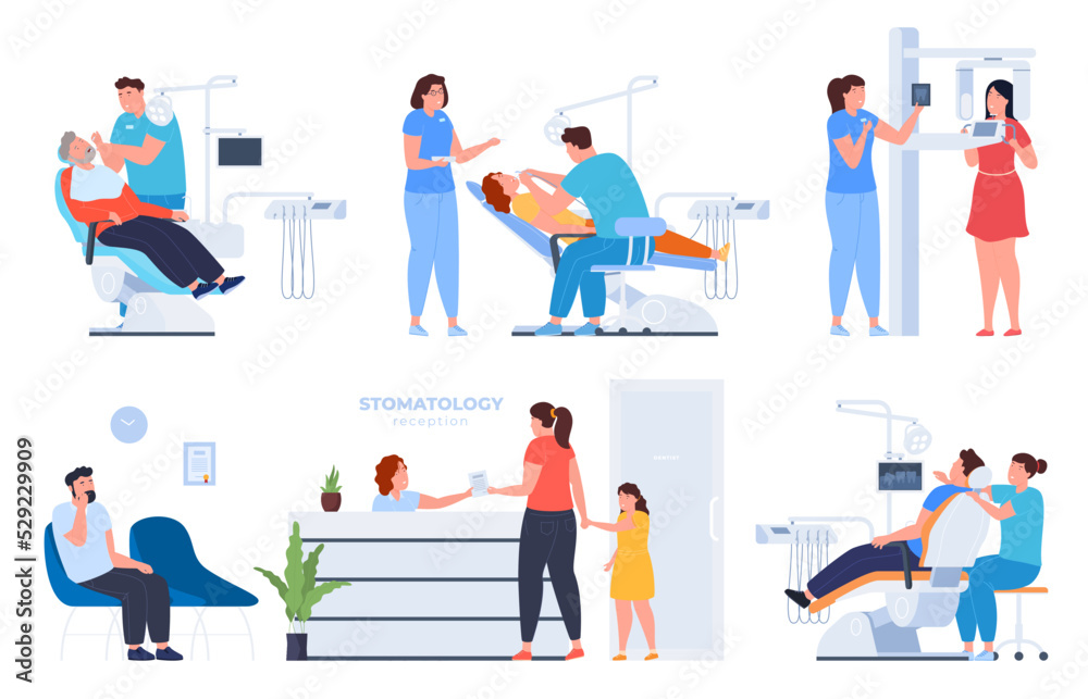 People in the dental office treat and care for teeth. Dental clinic. Vector illustration
