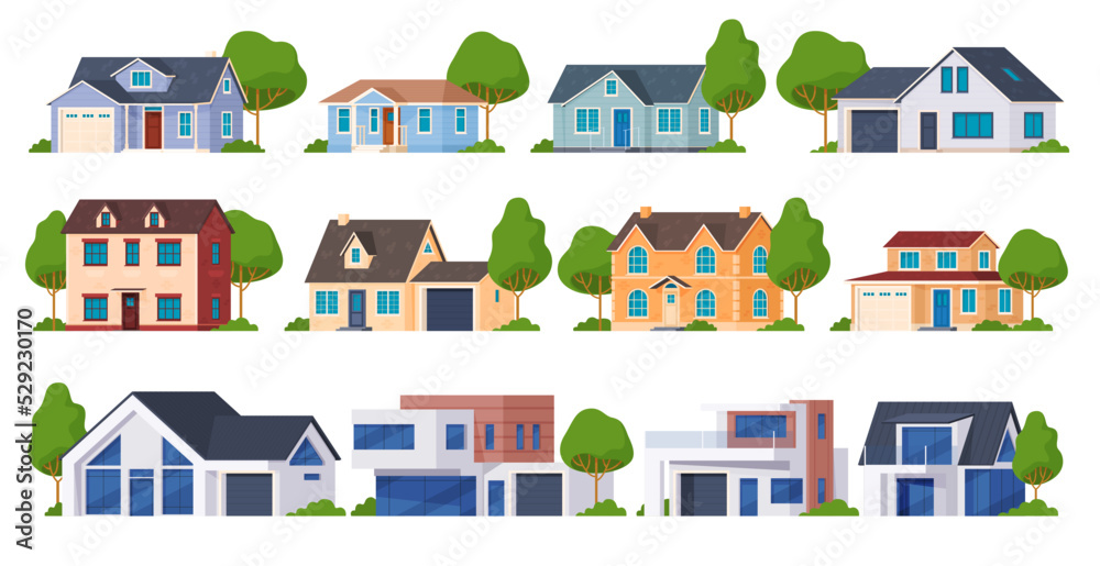 Private houses of various styles. Modern residential houses. Vector illustration