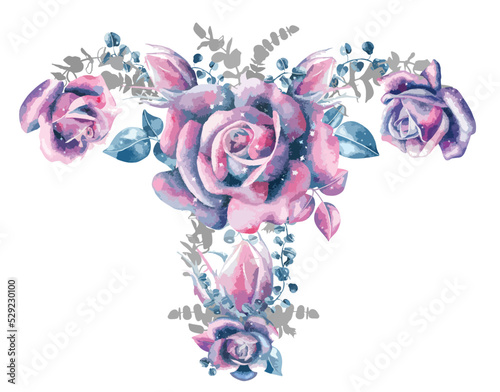 Beautiful abstract female reproductive system. Abstract vagina, Uterus, Ovaries, menstruation. Vector hand drawn womb, feminism. Abstract floral art. Sex organ flower. abstract rose art. Watercolour. 