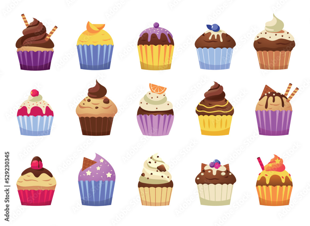 Vecteur Stock Cartoon muffins. Colorful sweet cupcakes with