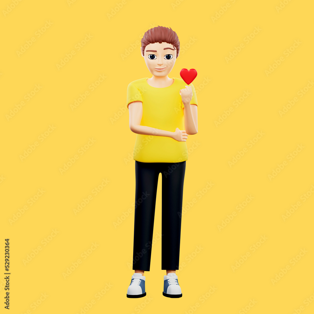 Raster illustration of man holding a heart. Young guy in a yellow tshirt make korean heart, love, relationship, couple, sympathy, valentine day. 3d rendering artwork for business and advertising