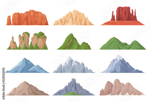 Different types of mountains from different parts of the world. Beautiful mountain landscape. Vector illustration