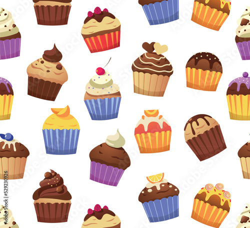Cupcake pattern. Seamless print of various muffins sweet pastries decorated with icing toppings cream sprinkles. Vector bakery desserts texture