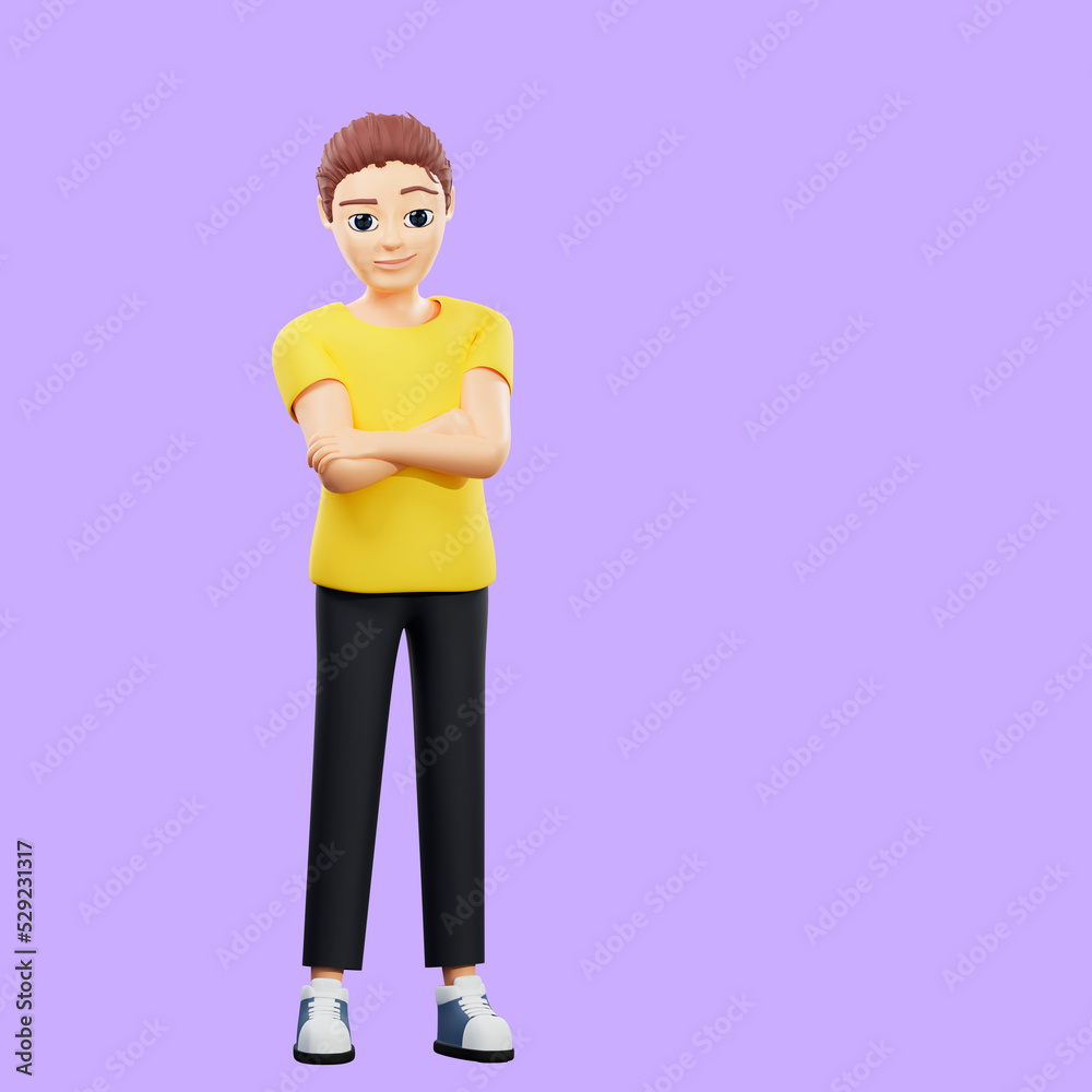 Fototapeta premium Raster illustration of man standing with arms folded across his chest. Young guy in a yellow tshirt standing full time, brooding cunning. 3d rendering artwork for business and advertising