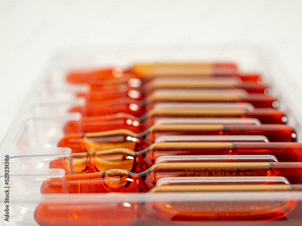 Ampoules for vitamin B12 injections. Injectable solution ampoules used to supplement vitamin B12. Ampoules for vitamin B12 injections. Injectable solution ampoules used to supplement vitamin B12.