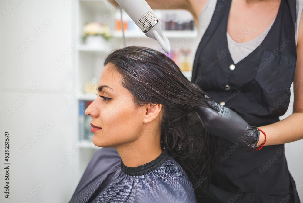 Fototapeta premium Drying long dark hair with a hairdryer.