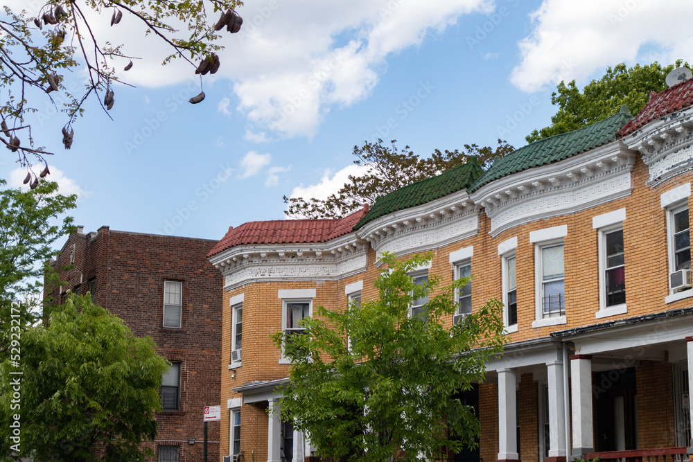 Row of Beautiful Neighborhood Brownstone Homes in Midwood Brooklyn of New York City