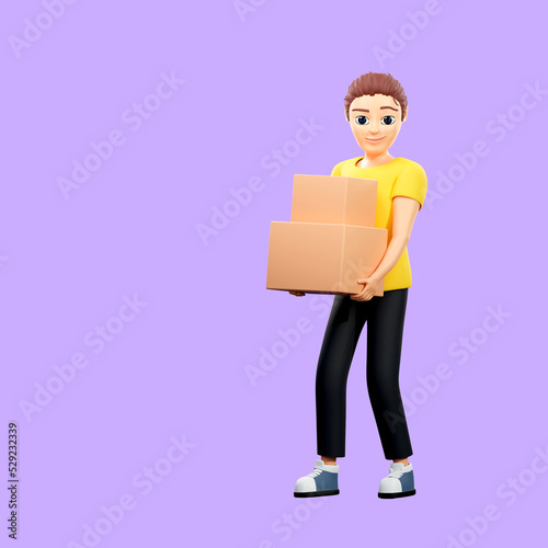 Raster illustration of man carries a box in his hands. Young guy in a yellow tshirt works as a loader, delivers parcels, post, delivery, purchase, order. 3d rendering artwork for business © Svitlana
