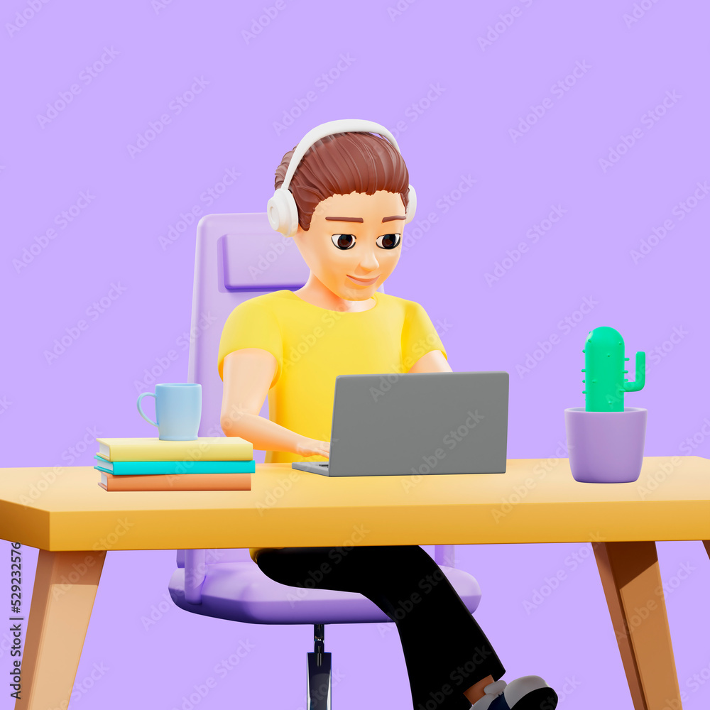 Raster illustration of man working at the desk in the office. A young guy in a yellow tshirt sits on a chear in headphones with a laptop and hot drink in a mug, cactus. 3d rendering artwork Raster illustration of man working at the desk in the office. A young guy in a yellow tshirt sits on a chear in headphones with a laptop and hot drink in a mug, cactus. 3d rendering artwork