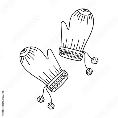 Doodle knitted mittens, winter, autumn wardrobe item isolated on a white background. Hand drawn, simple outline illustration. It can be used for decoration of textile, paper.