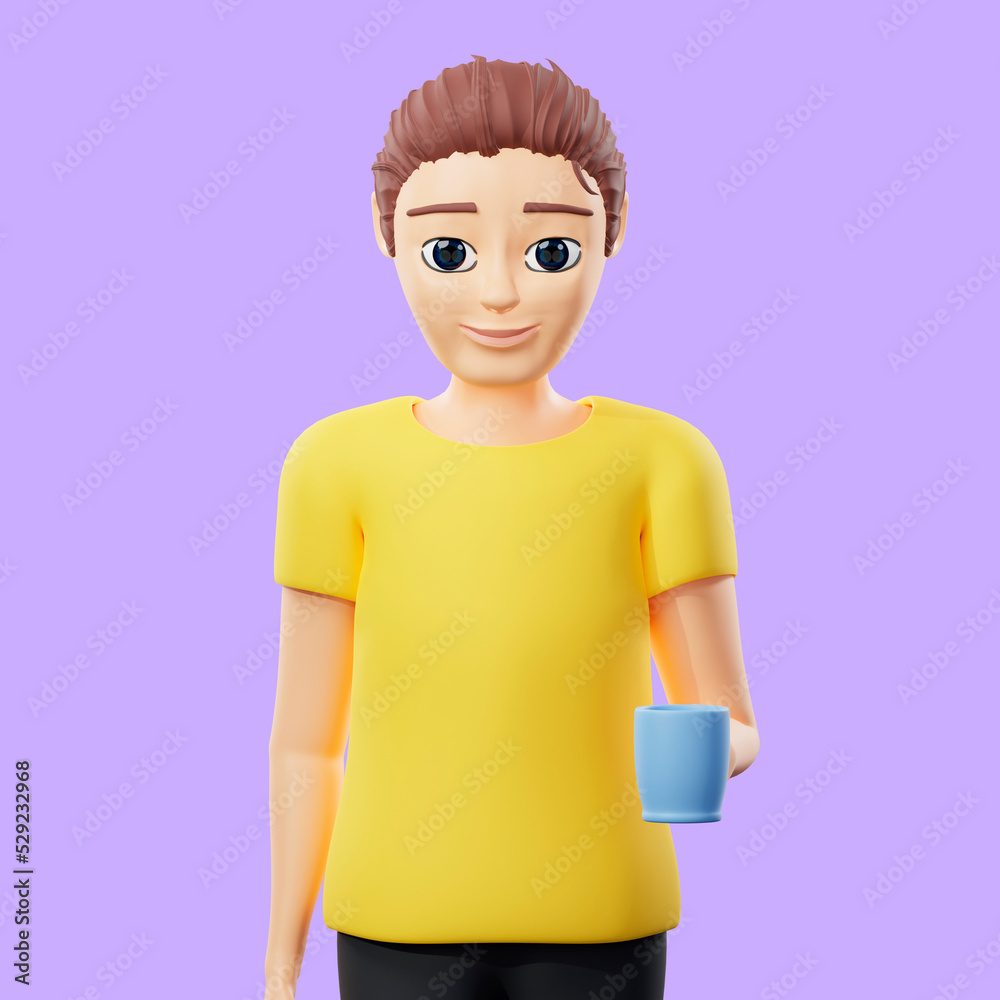 Raster illustration of man is drinking coffee. Young guy in a yellow tshirt holds in his hands a glass, a mug with a hot drink, tea. 3d rendering artwork for business and advertising Raster illustration of man is drinking coffee. Young guy in a yellow tshirt holds in his hands a glass, a mug with a hot drink, tea. 3d rendering artwork for business and advertising