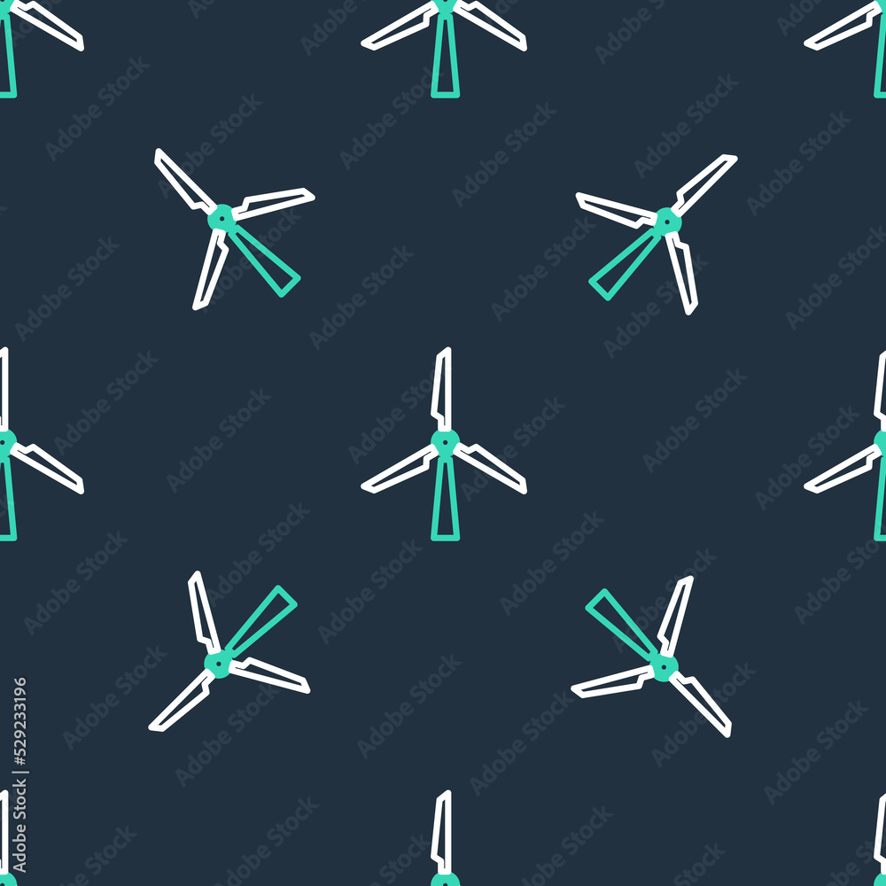 Line Wind turbine icon isolated seamless pattern on black background. Wind generator sign. Windmill silhouette. Windmill for electric power production. Vector