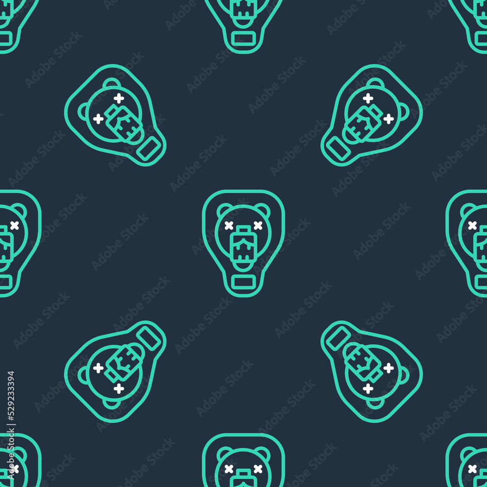 Line Bear head on shield icon isolated seamless pattern on black background. Hunting trophy on wall. Vector