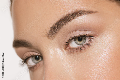 Grey eyes and perfect shapes of eyebrows. Close up portrait of beautiful young girl looking at camera. Concept of cosmetics, makeup, eco treatment, skin care.