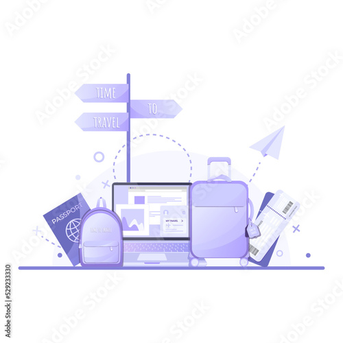 Purple suitcase on wheels with tag, passport, laptop, paper airplane, tickets and backpack. Travel, summer holidays, booking, planning a vacation and tourism concept.
