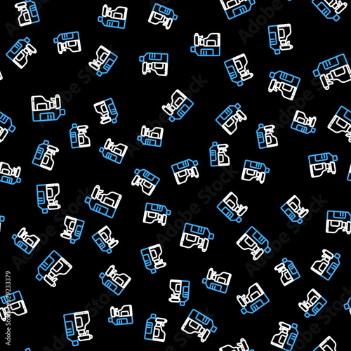 Line Plastic bottles for laundry detergent, bleach, dishwashing liquid or another cleaning agent icon isolated seamless pattern on black background. Vector