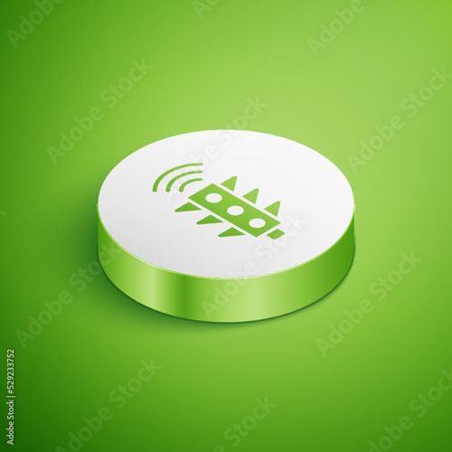 Isometric Smart traffic light system icon isolated on green background. Internet of things concept with wireless connection. White circle button. Vector