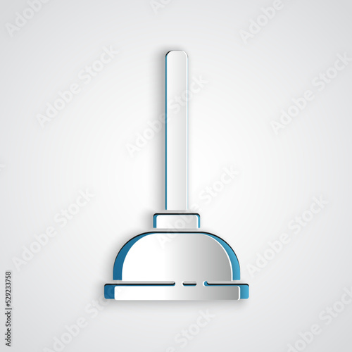 Paper cut Rubber plunger with wooden handle for pipe cleaning icon isolated on grey background. Toilet plunger. Paper art style. Vector Illustration