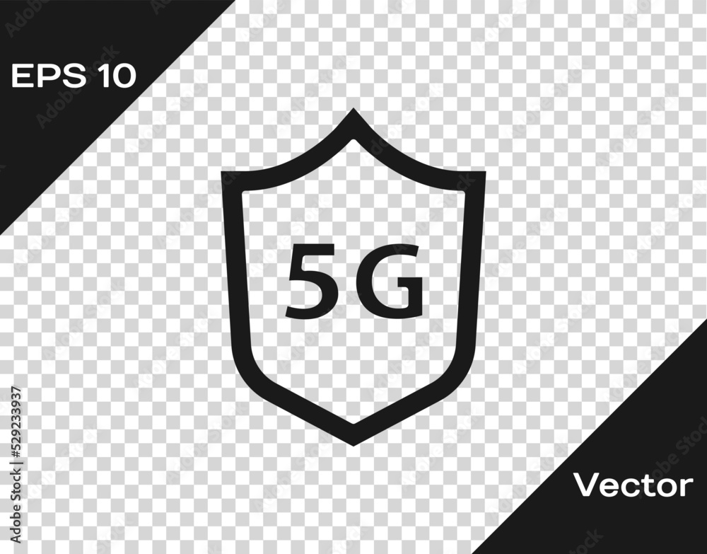 Black Protective shield 5G wireless internet wifi icon isolated on transparent background. Global network high speed connection data rate technology. Vector
