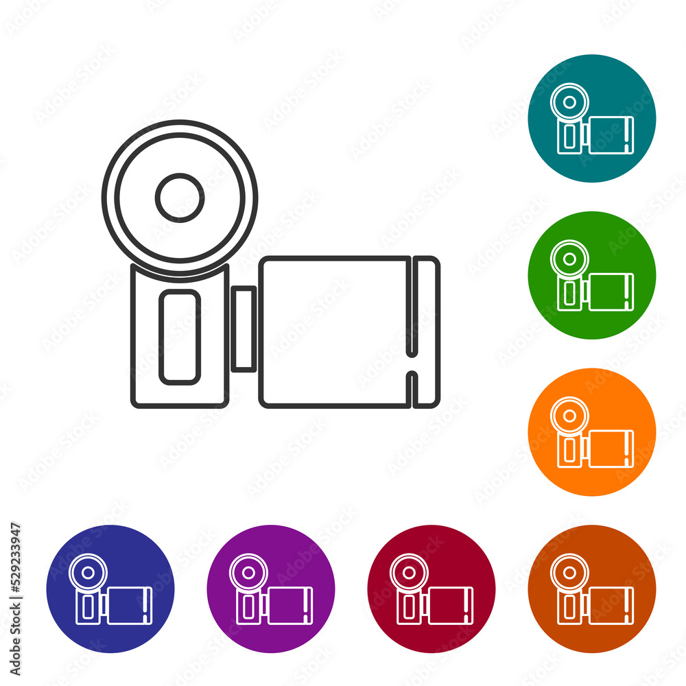 Black line Cinema camera icon isolated on white background. Video camera. Movie sign. Film projector. Set icons in color circle buttons. Vector Black line Cinema camera icon isolated on white background. Video camera. Movie sign. Film projector. Set icons in color circle buttons. Vector