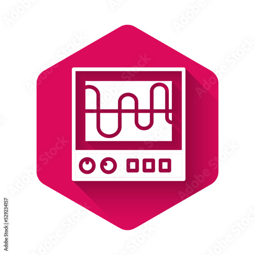 White Oscilloscope measurement signal wave icon isolated with long shadow. Pink hexagon button. Vector