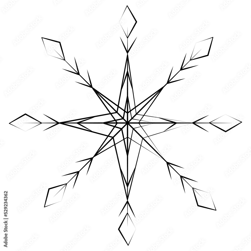 Outline drawing of a snowflake on a transparent background in a minimalist style. Line art. Isolate