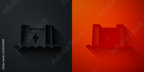 Paper cut Hydroelectric dam icon isolated on black and red background. Water energy plant. Hydropower. Hydroelectricity. Paper art style. Vector