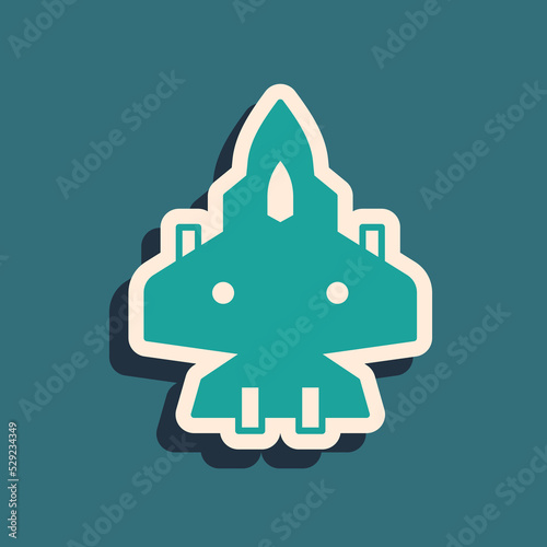 Green Jet fighter icon isolated on green background. Military aircraft. Long shadow style. Vector