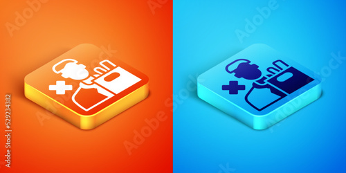 Isometric Dismissed sad young man carrying box with his personal belonging leaving his job icon isolated on orange and blue background. Employee fired from work. Vector