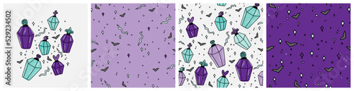 Girly gothic Halloween background and clipart set with potion bottle and snake graphic. Cartoon style seamless pattern in purple, lilac, mint and white feminine colors.