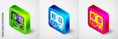 Isometric Soccer football betting money icon isolated on grey background. Football bet bookmaker. Soccer betting online make money. Square button. Vector