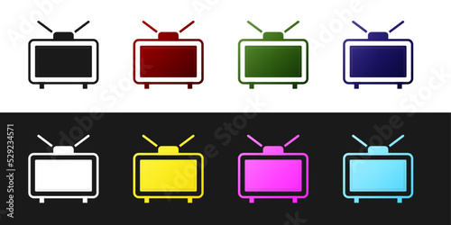 Set Football soccer match on TV icon isolated on black and white background. Football online concept. Vector
