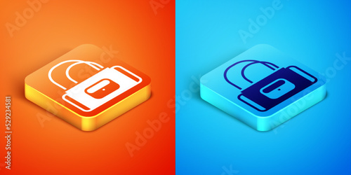Isometric Sport bag icon isolated on orange and blue background. Vector
