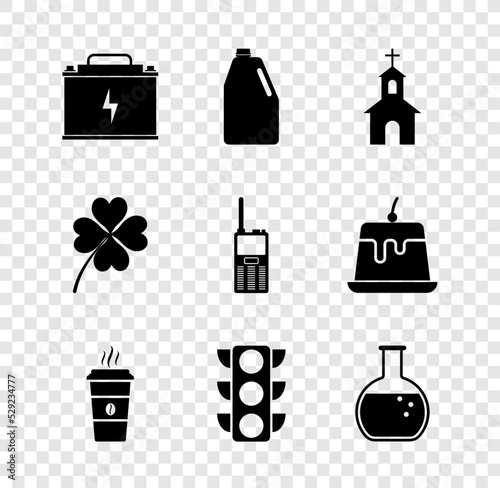 Set Car battery, Household chemicals bottle, Church building, Coffee cup, Traffic light and Test tube and flask icon. Vector