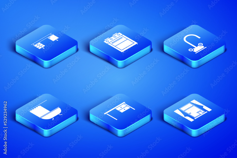 Set Window with curtains, Office desk, Bathtub shower, Oven and Water tap icon. Vector