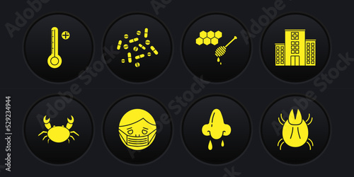 Set Crab, Medical hospital building, Face protective mask, Runny nose, Honeycomb with honey dipper, Medicine pill or tablet, Parasite mite and digital thermometer icon. Vector