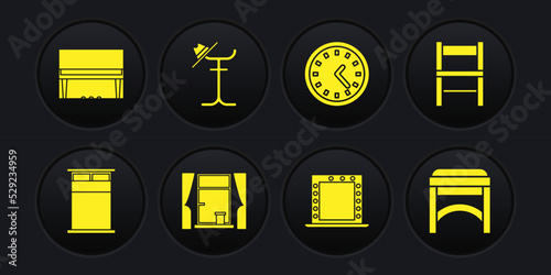 Set Big bed, Chair, Window with curtains, Makeup mirror lights, Clock, Coat stand, and Grand piano icon. Vector