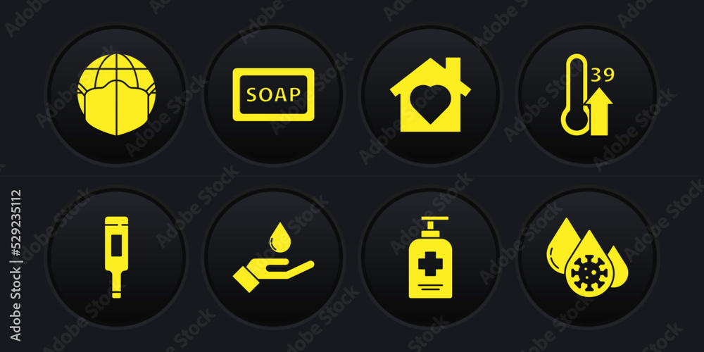 Set Medical thermometer, High human body temperature, Washing hands with soap, Liquid antibacterial, House heart inside, Bar of, Blood test virus and Earth medical mask icon. Vector Set Medical thermometer, High human body temperature, Washing hands with soap, Liquid antibacterial, House heart inside, Bar of, Blood test virus and Earth medical mask icon. Vector