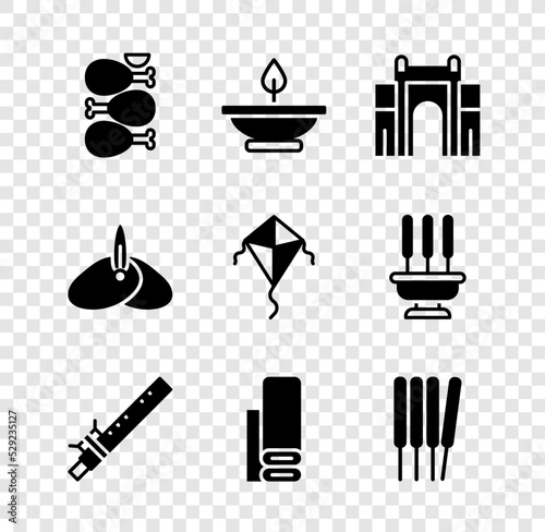 Set Tandoori chicken, Aroma lamp, India Gate in Delhi, Bamboo flute indian, Indian textile fabric, sticks, incense, headgear turban and Kite icon. Vector