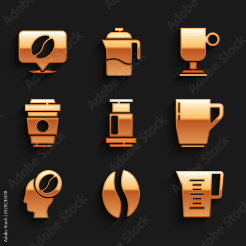 Set Aeropress coffee, Coffee beans, Jug glass with water, cup, Barista, to go, Irish and Location icon. Vector