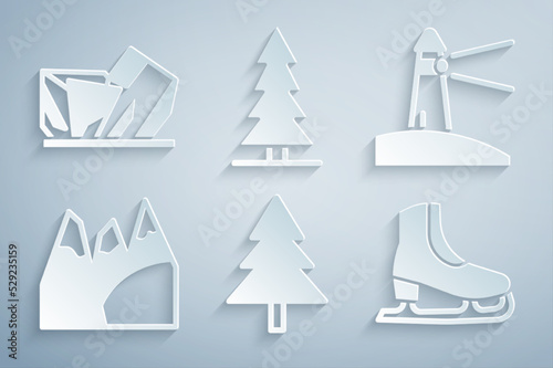 Set Christmas tree, Lighthouse, Mountains, Skates, Canadian spruce and Royal Ontario museum icon. Vector